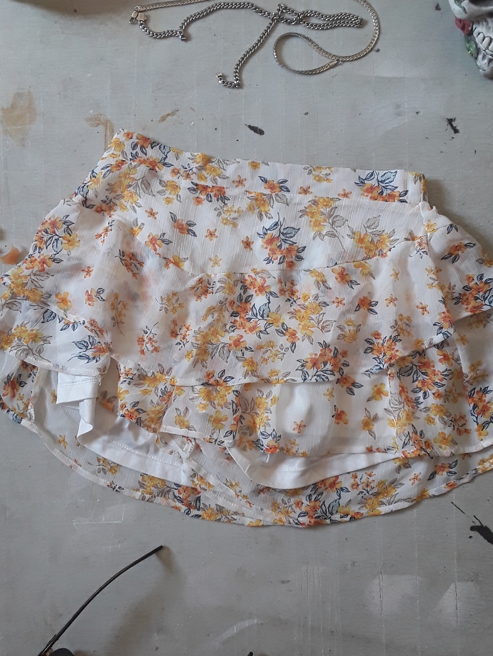Love Tree White Floral Ruffled Skort with Yellow & Orange Flowers